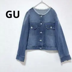 ジーユー デニムジャケット ノーカラー ボタンフロント 首元フリンジ