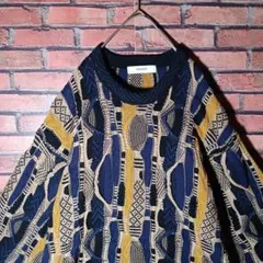昭和レトロ 80s 90s 3D 立体編み ニット 好配色 総柄 セーター M