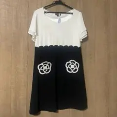 クレイサス　ホワイト/ブラック　花刺繍　半袖　ひざ丈ワンピースのサムネイル