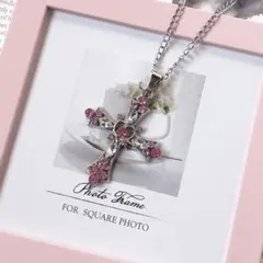 十字架 ロザリオ ビジュー ネックレス ピンク