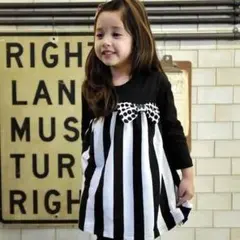 SALE‼️【韓国子供服】ドットリボン付ストライプ ワンピース★120㎝