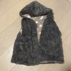 ドット柄　フリース　ベスト フード付き　ファーベスト