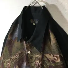 【個性派古着】長袖総柄デザインシャツ　和風　しわ加工　幾何学模様　和柄　3 L