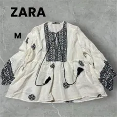 【ZARA】ザラ タッセル付きプリントチュニック M アイボリー