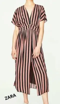 ZARA　ストライプ Vネック 半袖ロングワンピース