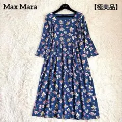 極美品【ANAYI】フラワープリント　シルクワンピース　アナイ　ネイビー リーフエンブロイダリーフレア ワンピース （ロング・マキシ丈 ワンピース