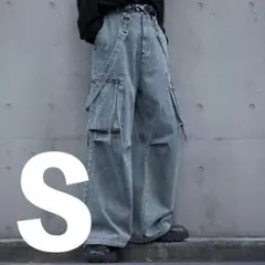 【LILL】ルーズシルエット デニムカーゴパンツ サスペンダー ワイド S