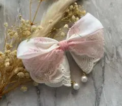 リボンヘアクリップ ピンクレース付き