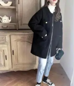 ダブルポケット　ループツイードノーカラージップコート　mily bilet