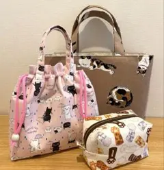 〈セール〉猫柄のハンドメイドのバッグと巾着袋とポーチのセット