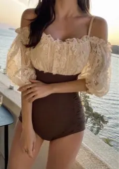 水着　フリル　レース　オフショル　編み上げ　ベージュ　M