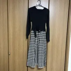 ITS'DEMOリブ柄ハウンドトゥース柄切り替えニットワンピース