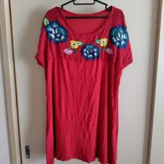 花柄刺繍 半袖ワンピース レッド　アミナコレクション　【匿名配送】のサムネイル