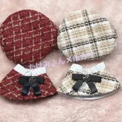 ぬい服10㎝　着ぐるみ服　着せ替え　ポンチョ　2枚セット赤　ベージュ　ツイード服