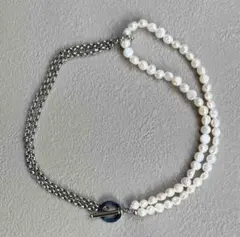 淡水 パール と ステンレス チェーン の 二重 ネックレス パール6ミリ
