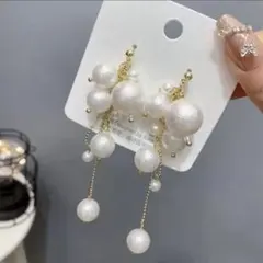 ロングピアス　コットンパール　フォーマル　シンプル　ゴールドチェーン