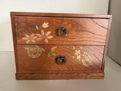 木製 2段 小引き出し 小物入れ 花柄装飾　中古品