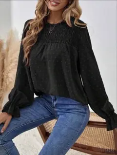 【新品】SHEIN ブラック 長袖 ブラウス シャーリング ドット柄 おまけ付きのサムネイル