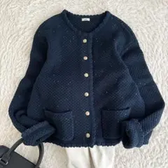 美品✨上品ラメ✨イエナ　柄編みコンパクトニットジャケット　金ボタン　カーディガンのサムネイル