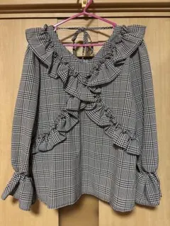 チェック リボン フリル ブラウス