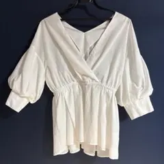 ホワイト バルーンスリーブ シャツサイズM白