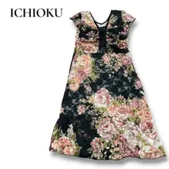 【良品】ICHIOKU/花柄膝丈ワンピース/黒/F/レース/バラ/パーティ/大人