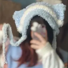 猫耳ニット帽 もこもこ 水色 白 サブカル ハンドメイド 編み物