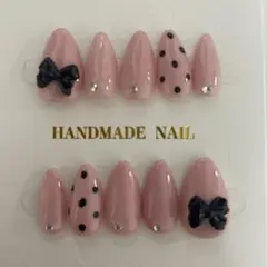 ♡原品限り♡Ｍサイズ　手作りネイルチップ ピンクリボン ドット　ショートポイント