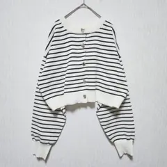 【AQUA LEAF】（F）ボーダー柄ハートボタンニットカーディガン/ショート丈