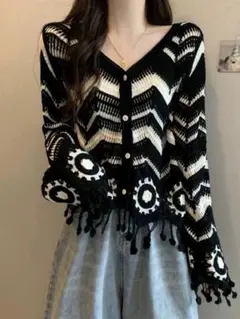 ジグザグ模様 フリンジ付きカーディガン　日焼け防止　海　プール　ハワイ　南国