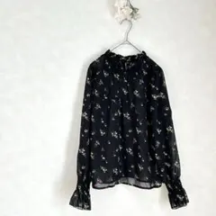 ブラウニー　ブラウス　シフォン　花柄　透け感　カジュアル　フリル　黒　赤　黄