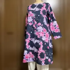花柄ネイビーAラインワンピースチュニック長袖　浴衣リメイク