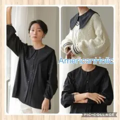 アメリカンホリック ビッグカラーフロントタックブラウス 黒 襟 衿 長袖