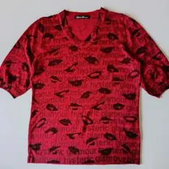 ヒステリックグラマー　赤　総柄　Ｖネック　半袖ニット　カットソー