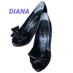 21.5cm DIANA エナメル　パンプス　ハイヒール　リボン　ブラック