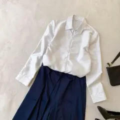 レディース　ブラウス　ジップ　長袖　光沢　白　ライトグレー　M