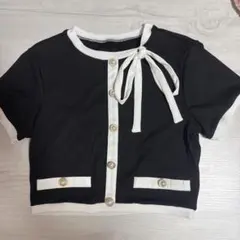 リボン付きボタンデザイン クロップドシャツ