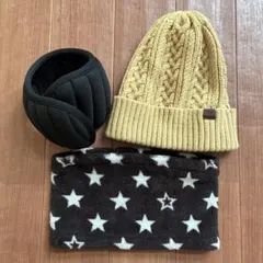 イエローニット帽と星柄ネックウォーマー　耳当て　セット