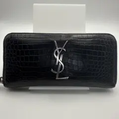 【美品】イヴサンローラン ラウンドファスナー カサンドラ クロコ型押し 黒