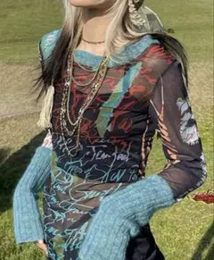 【SHIEN】レターパッチワーク生地長袖Tシャツ