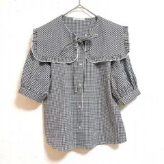 NICE CLAUP ギンガムチェックフリル襟 リボン半袖