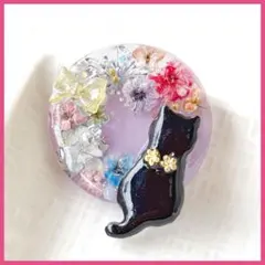 No.2751ハンドメイド レジンヘアゴム ドライフラワー 黒猫ちゃん