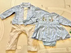 ★ブランシェス★青と白ストライプロンパースセット　男女双子にぜひ♪