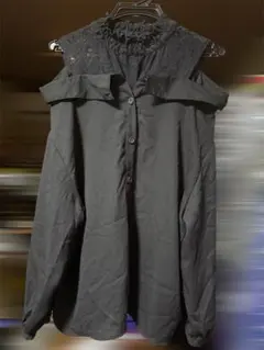 レースハイネックオフショルダー長袖シャツ 黒