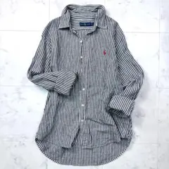 美品 ラルフローレン リネンBDシャツ ストライプ ポニー刺繍 大きいサイズ