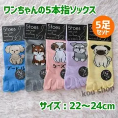 犬 5本指ソックス 犬柄 靴下 足首 くるぶし丈 5足セット 22～24cm A