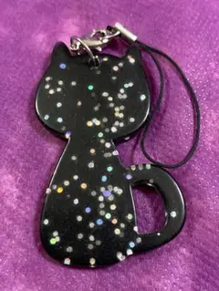 昭和レトロ　猫　キラキラ　ストラップ　 キーホルダー　チャーム　黒猫　チャーム