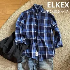 ELKEX ブルー系チェック リネン混 コットンシャツ Mサイズ