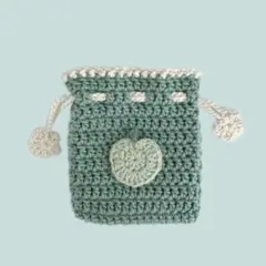 ハンドメイド ミニ巾着 青りんご お花 緑×白