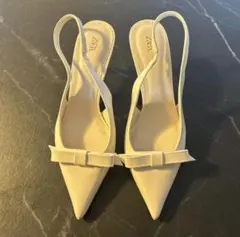 ZARA ホワイト リボン付き スリングバックパンプス